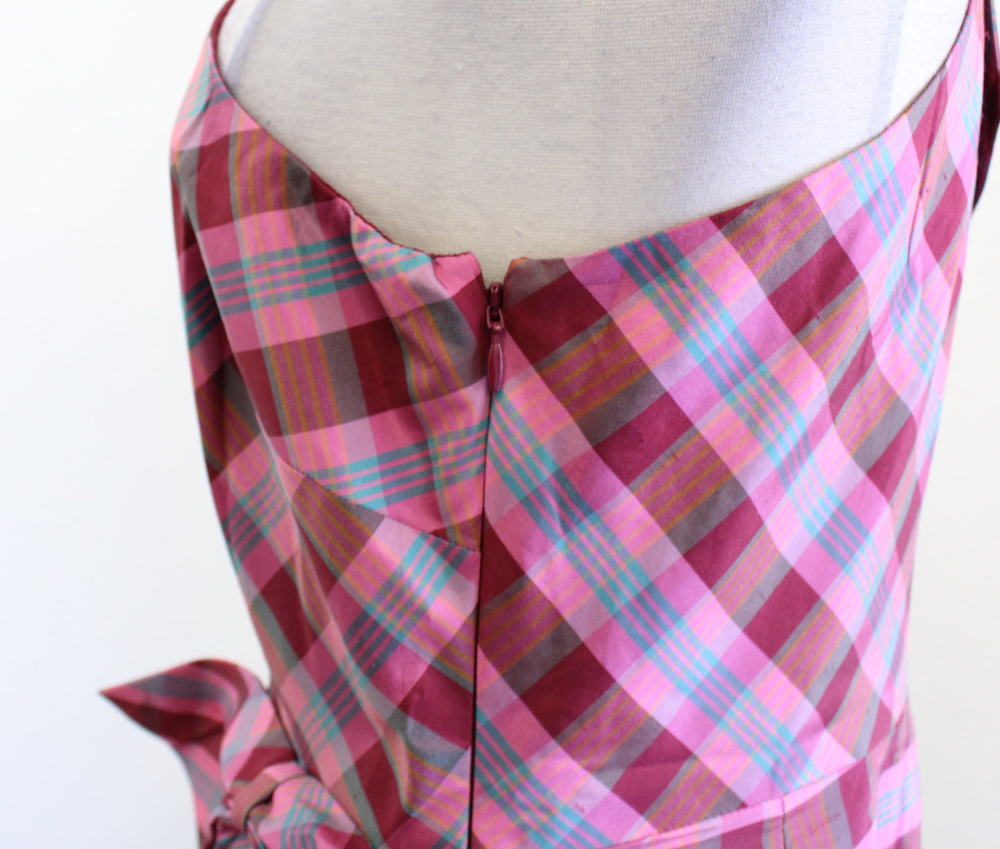 NWT J Crew Womens Ocho Silk Plaid One Shoulder Bow Dress Size 6 Pink Sheath