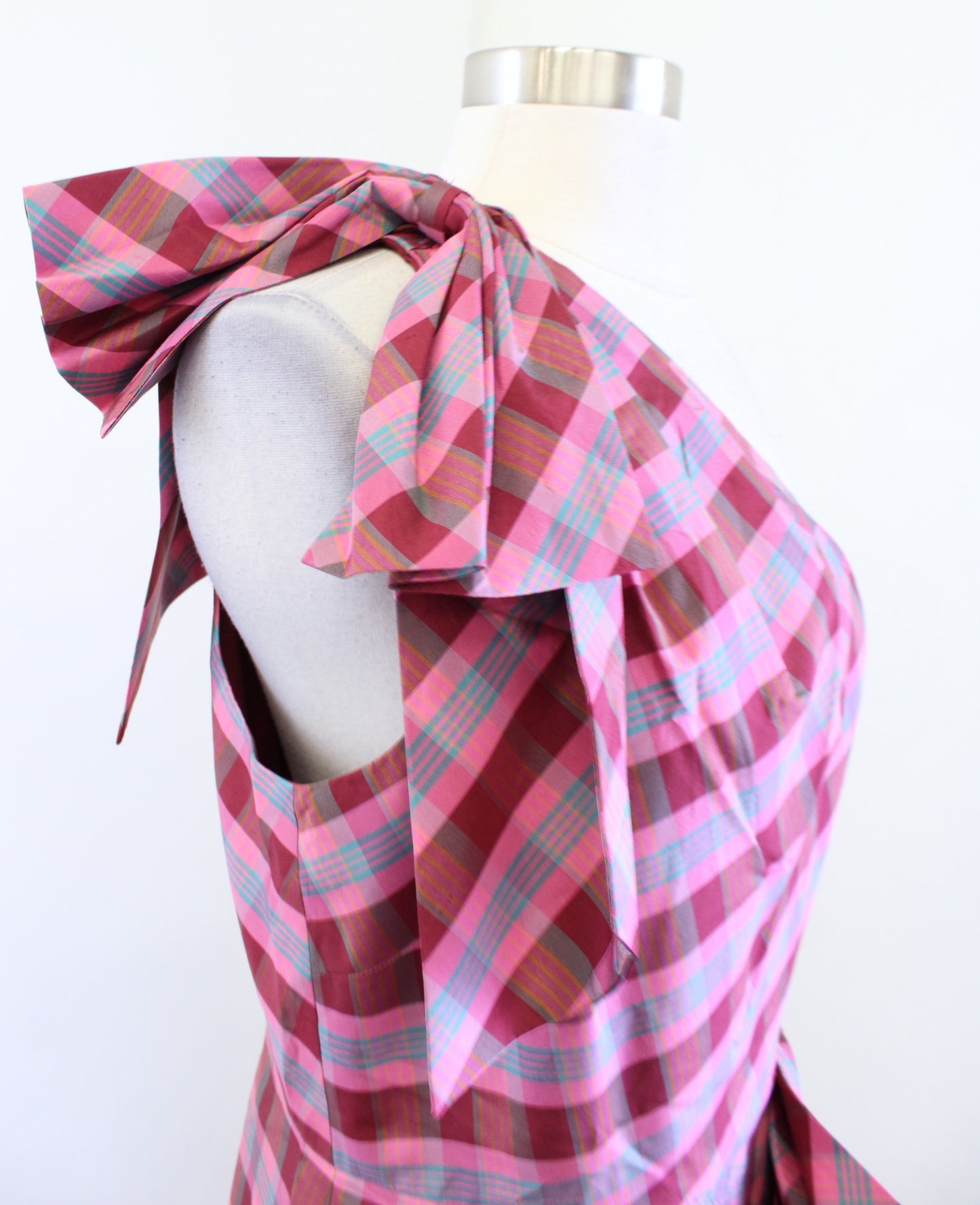 NWT J Crew Womens Ocho Silk Plaid One Shoulder Bow Dress Size 6 Pink Sheath