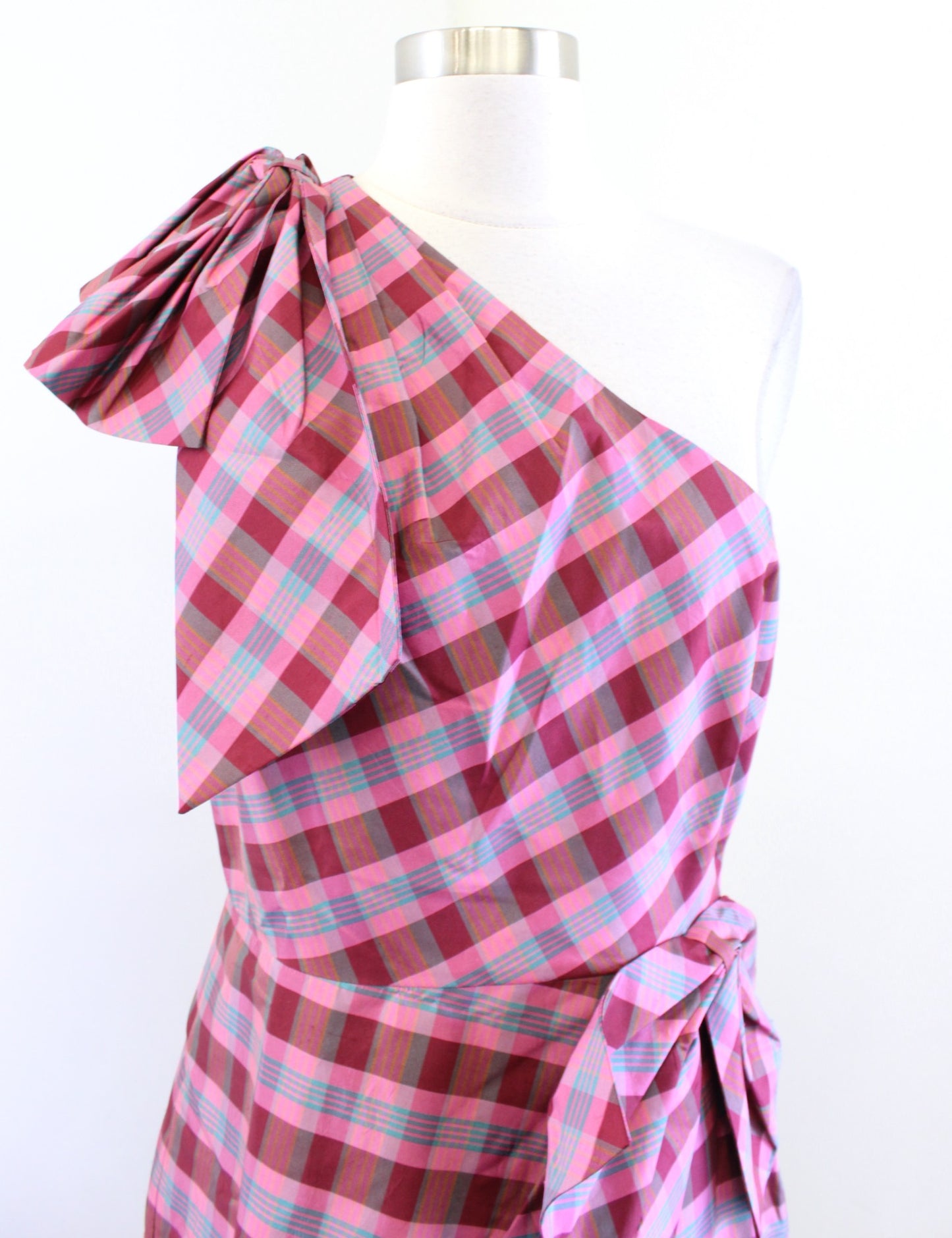 NWT J Crew Womens Ocho Silk Plaid One Shoulder Bow Dress Size 6 Pink Sheath