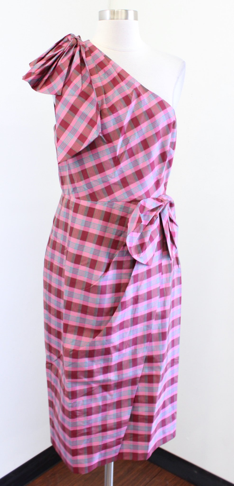 NWT J Crew Womens Ocho Silk Plaid One Shoulder Bow Dress Size 6 Pink Sheath