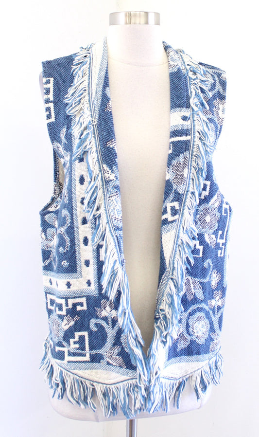 Vtg Blue Floral Tapestry Blanket Style Fringe Vest Open Size S / M Boho Cottage