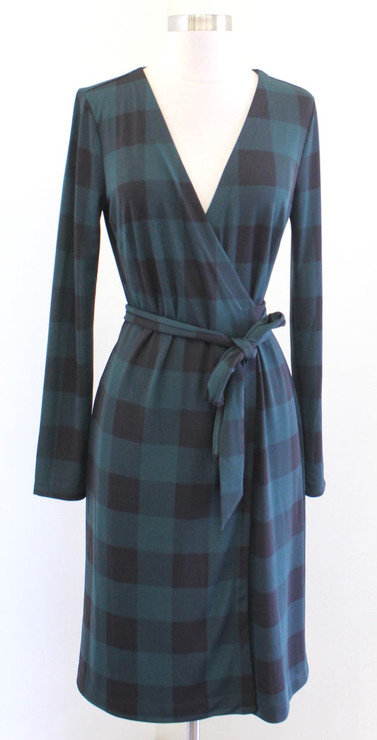 NWT Ann Taylor Green Black Buffalo Plaid Matte Jersey Wrap Dress 6 Long Sleeve