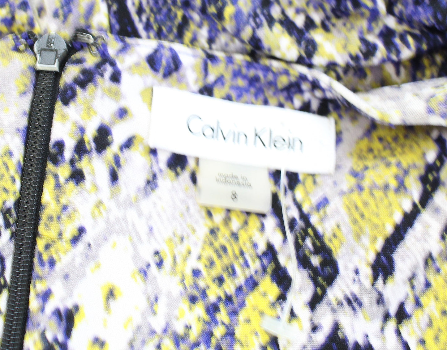 Calvin Klein Yellow Purple Blue Snakeskin Print Ruched Faux Wrap Sheath Dress 8