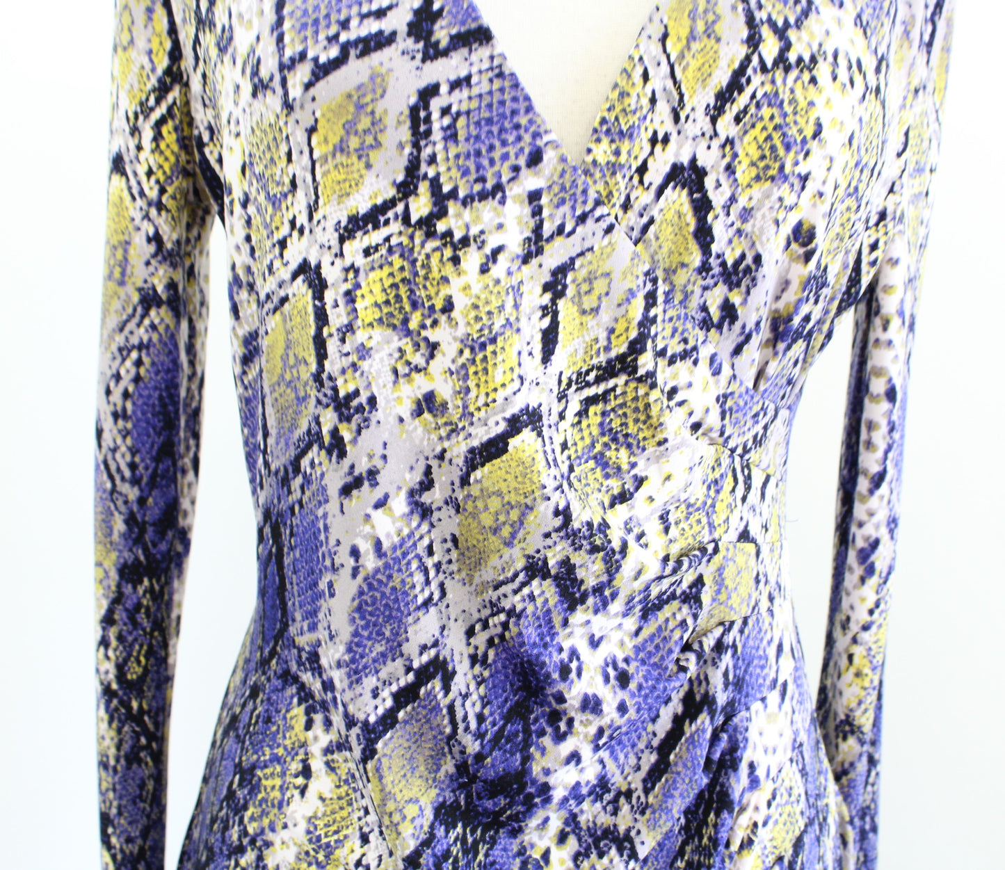 Calvin Klein Yellow Purple Blue Snakeskin Print Ruched Faux Wrap Sheath Dress 8
