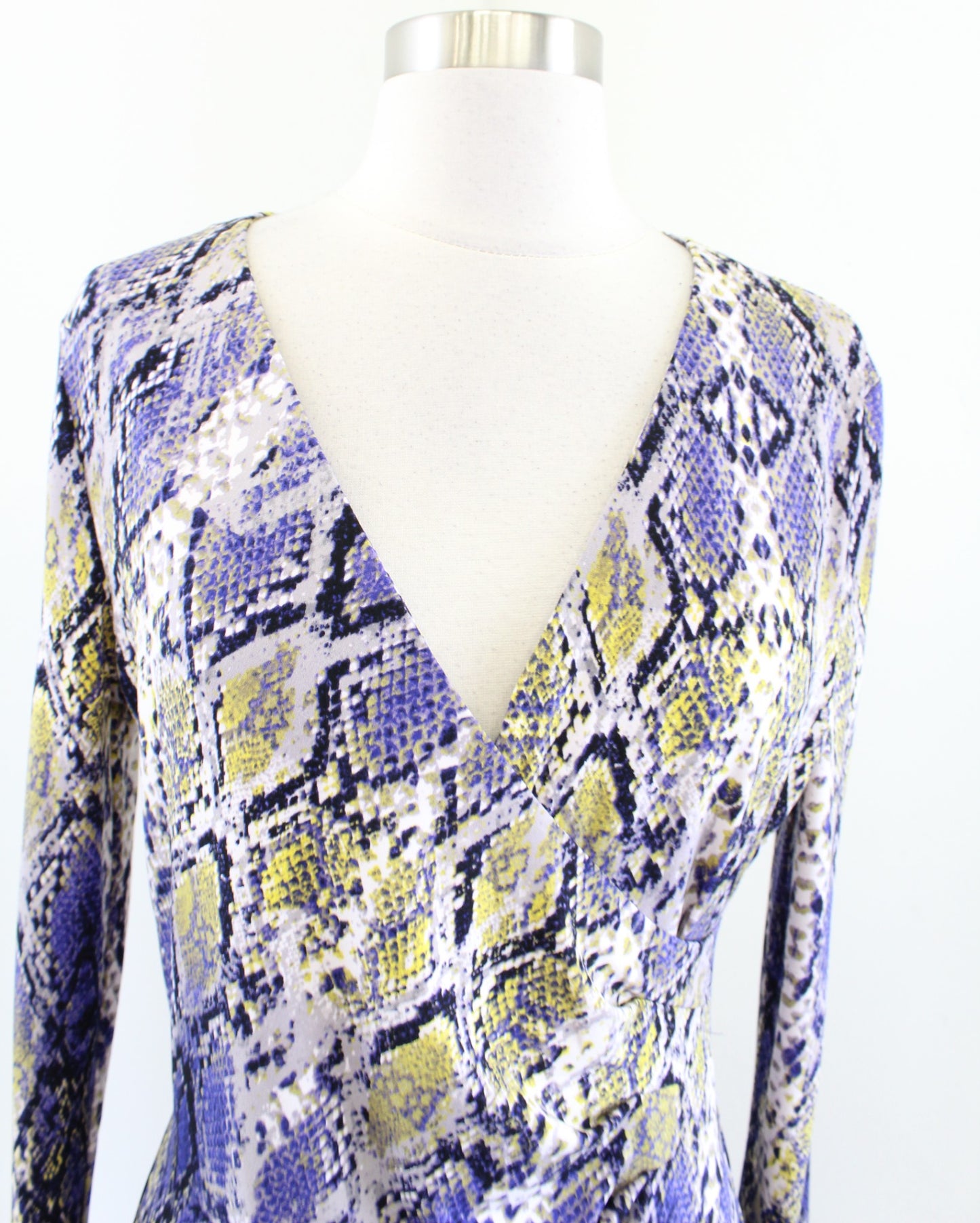 Calvin Klein Yellow Purple Blue Snakeskin Print Ruched Faux Wrap Sheath Dress 8