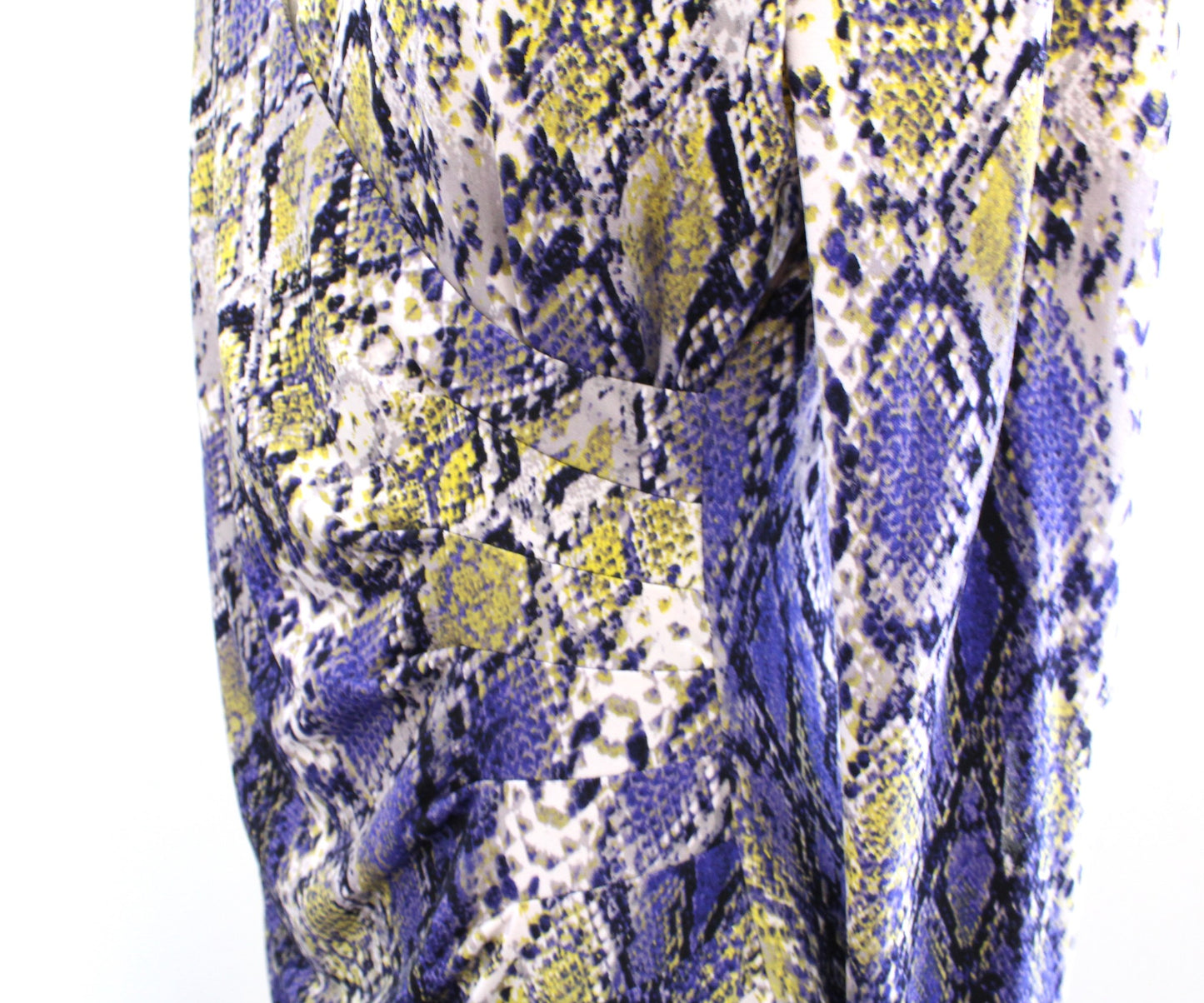 Calvin Klein Yellow Purple Blue Snakeskin Print Ruched Faux Wrap Sheath Dress 8