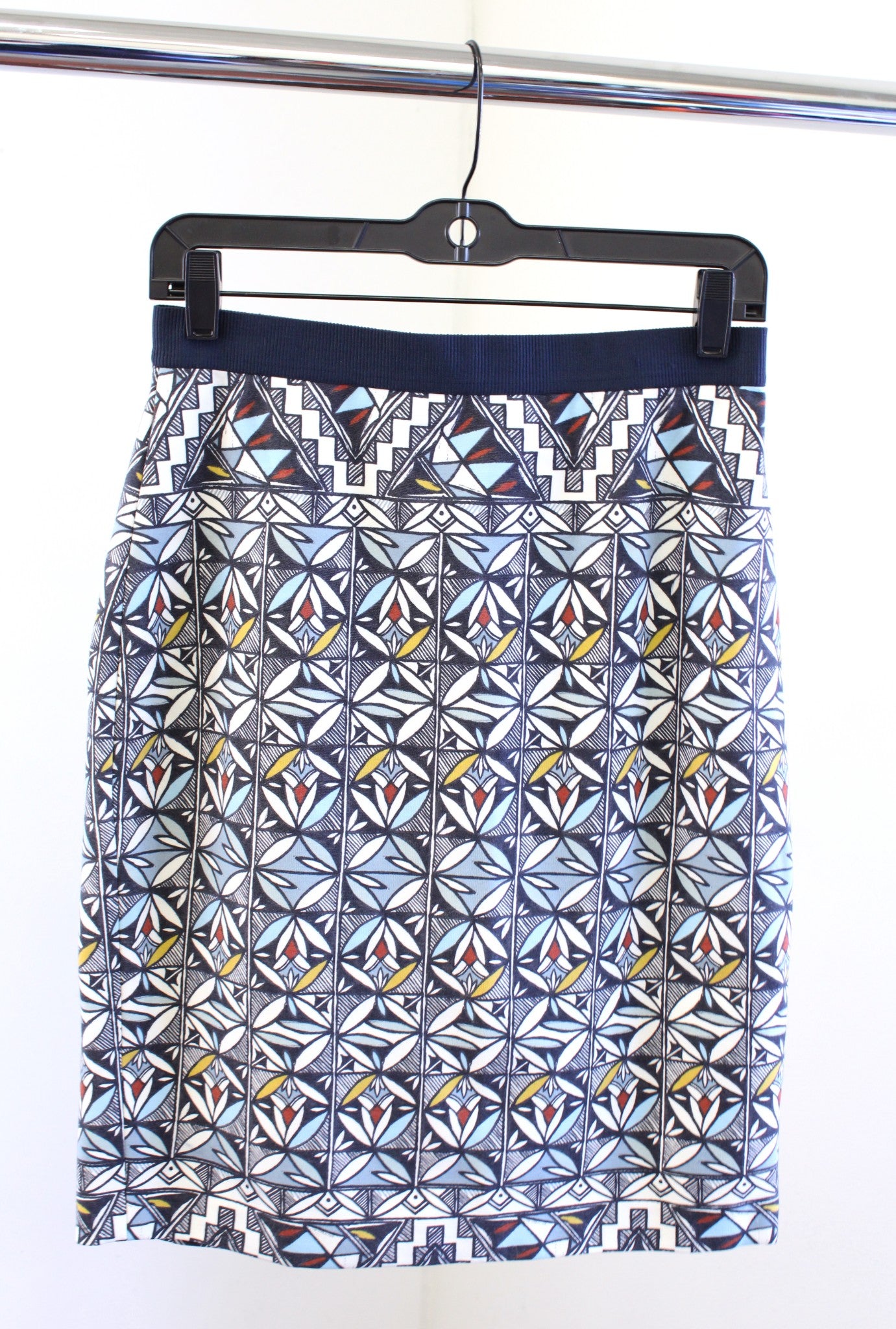 Tory Bruch Geometric Printed Ponte Knit Pencil Skirt Size S Blue Pull On