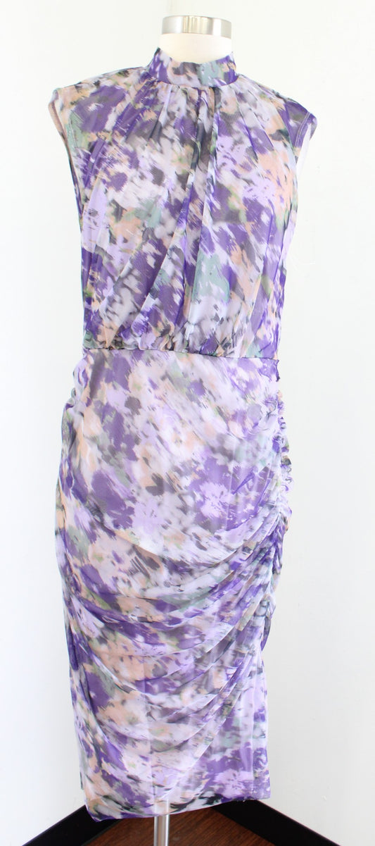 NWT Chicos Purple Abstract Print Mesh Ruched Midi Dress Sz 1 Mock Neck Cocktail