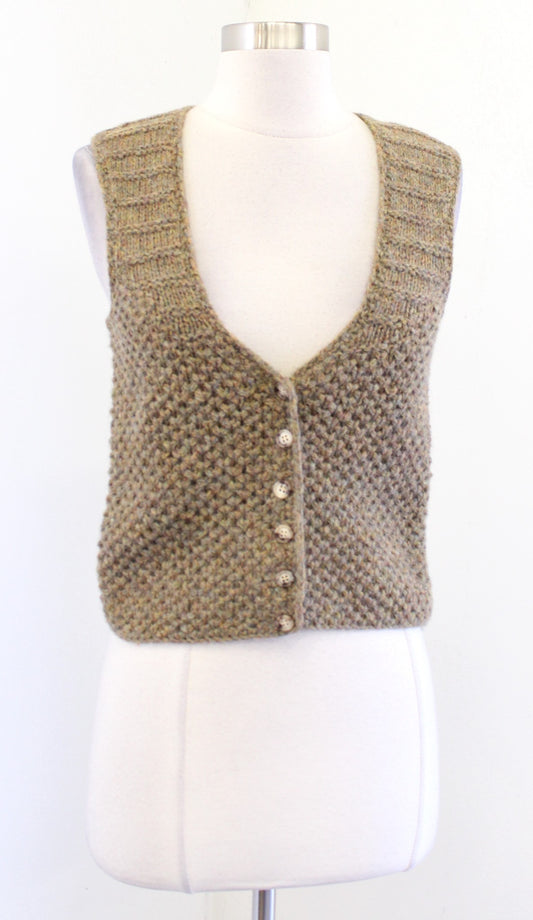 Vtg 90s Tan Multi Color Yarn Crochet Knit Shetland Wool Sweater Vest Size S Crop