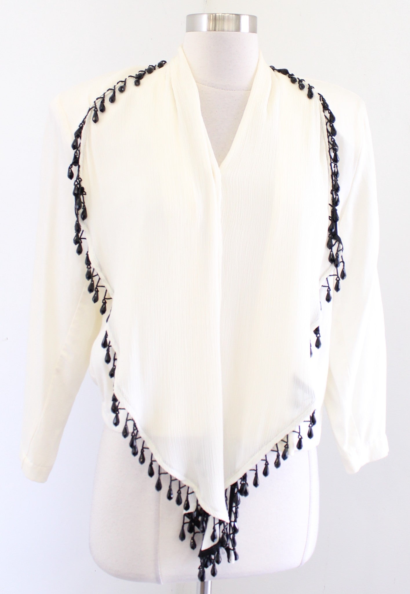 NWT Vtg 80s 90s Cache Deadstock Cream Tassel Beaded Draped Top Blouse Size M