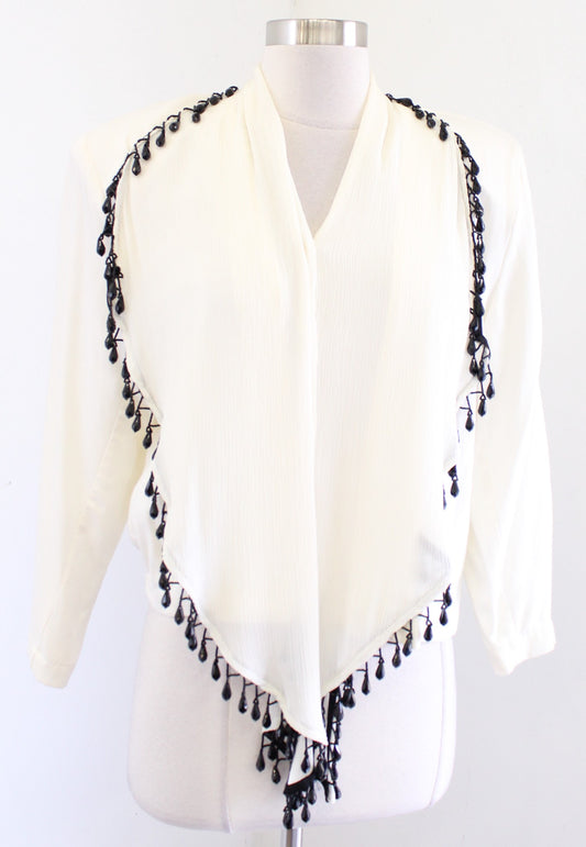 NWT Vtg 80s 90s Cache Deadstock Cream Tassel Beaded Draped Top Blouse Size M