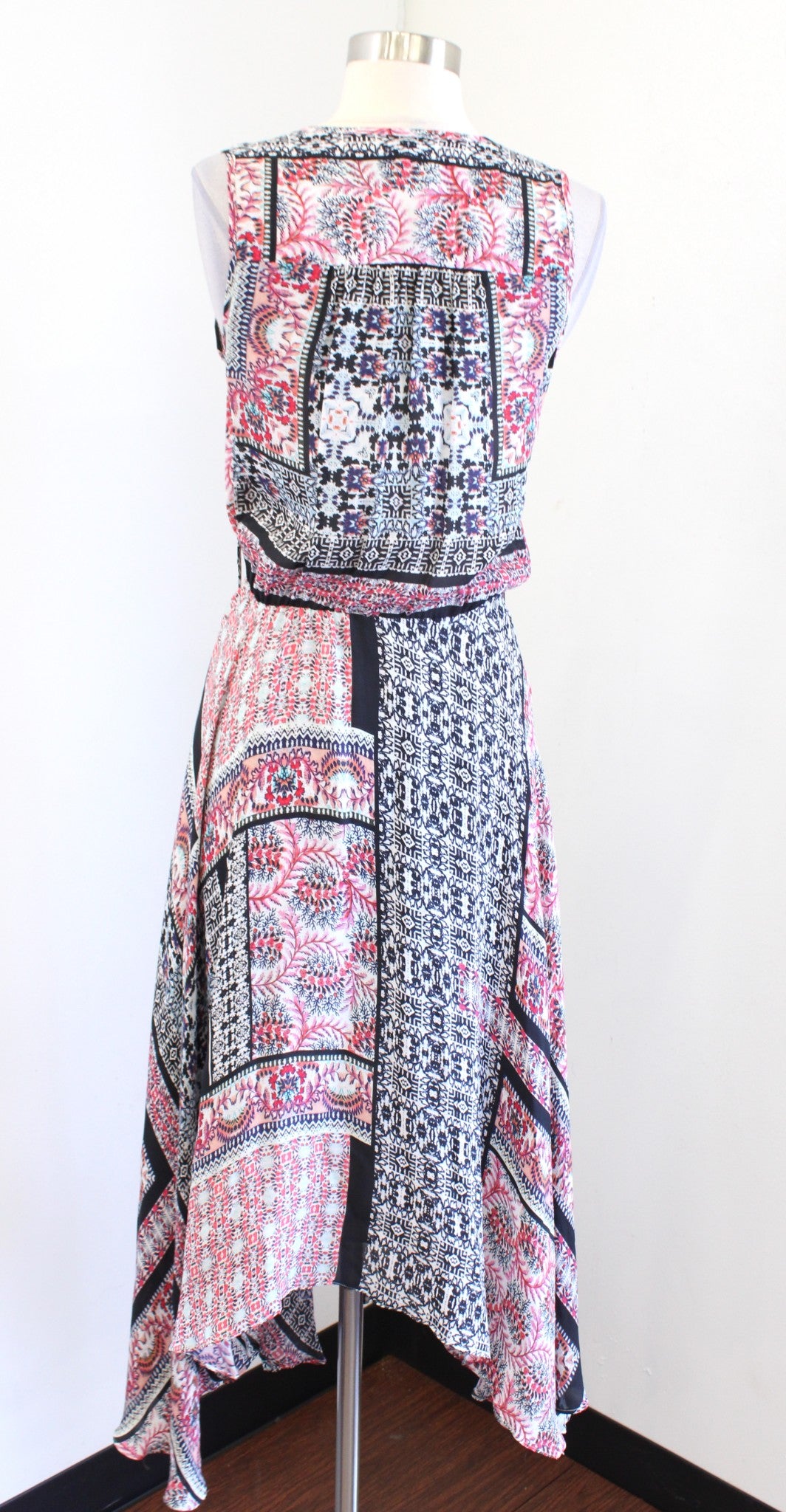 Parker Lota Patchwork Print Asymmetrical Handkerchief Hem Maxi Dress Silk Sz XS