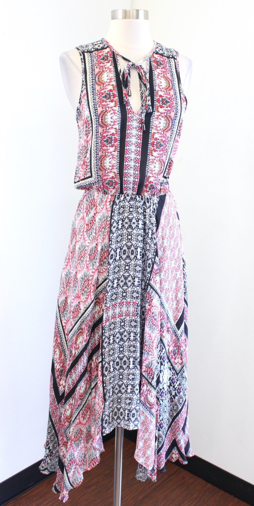 Parker Lota Patchwork Print Asymmetrical Handkerchief Hem Maxi Dress Silk Sz XS