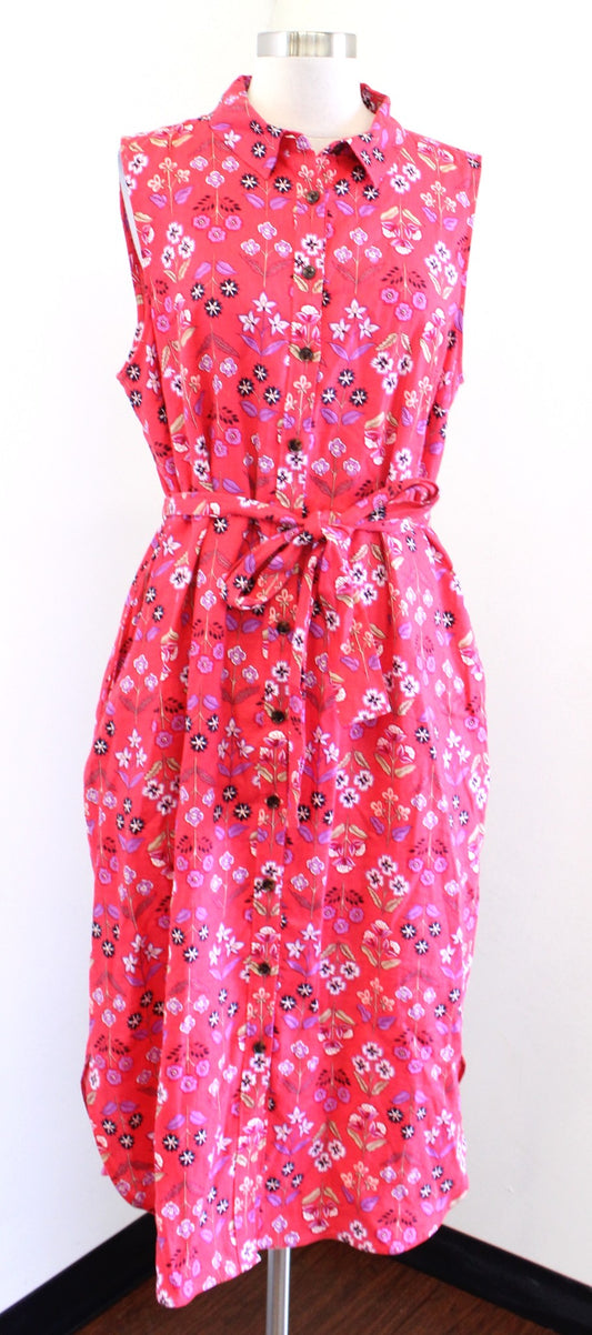 Ann Taylor Coral Floral Print Button Front Linen Blend Shirt Dress Size 14