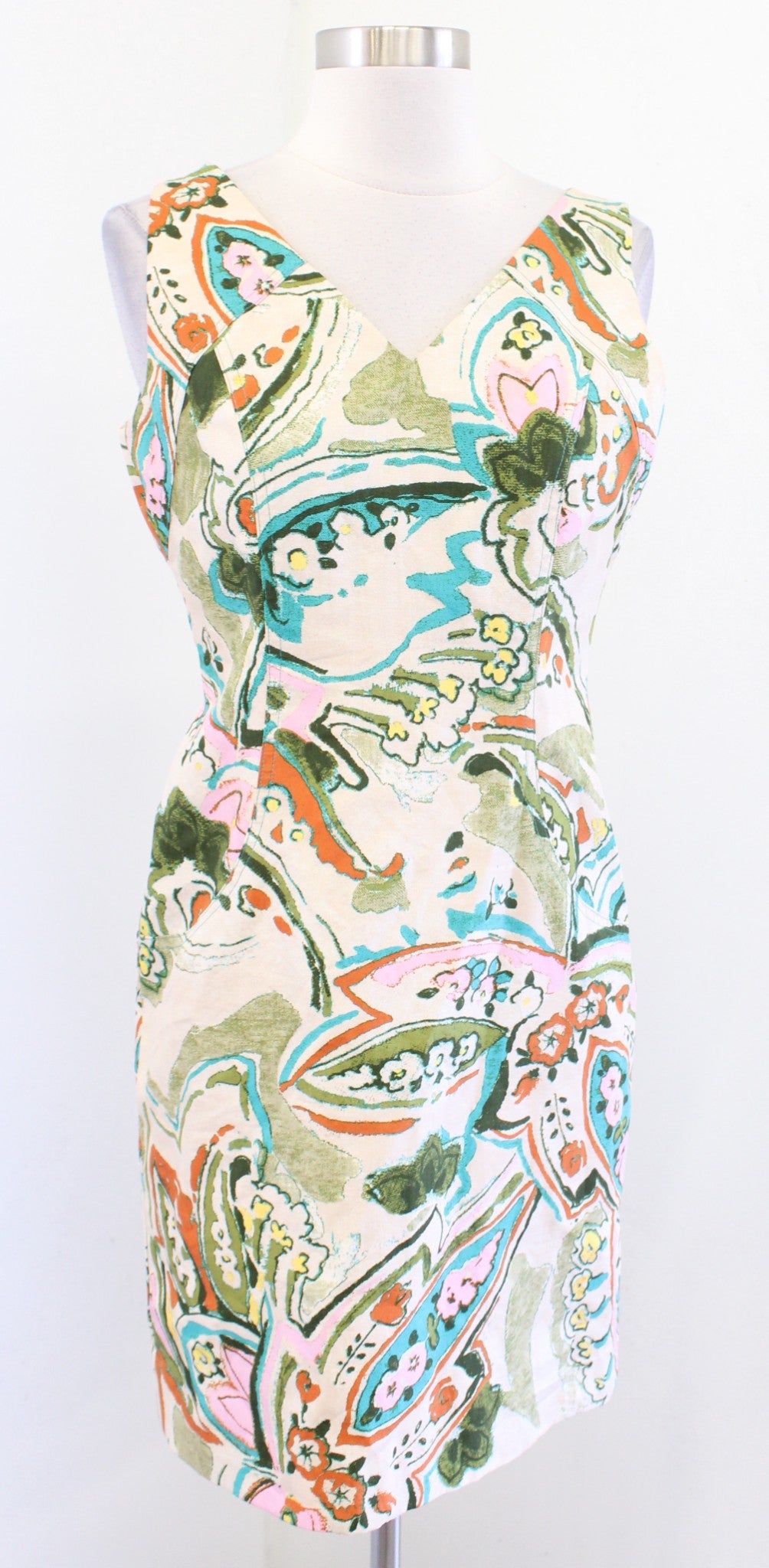 David Meister Beige Tan Multi Color Floral Paisley Print Sheath Dress SIze 6