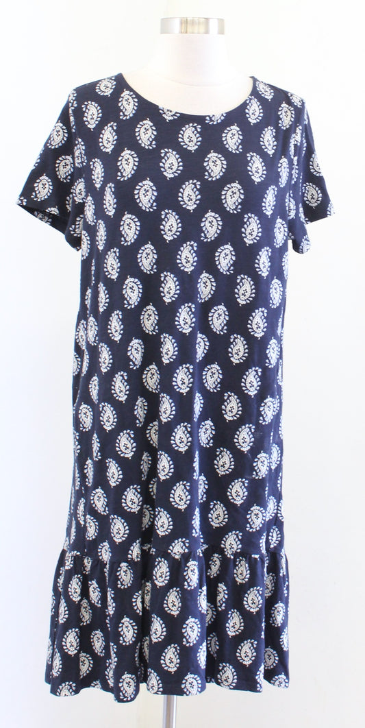 NWT J Jill Navy Blue Paisley Print Cotton Blend Flounce Hem Knit Dress Size M