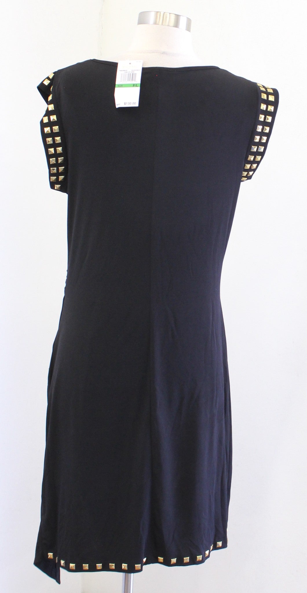 NWT Michael Kors Black Gold Studded Embellished Ruched Slit Jersey Dress PL LP