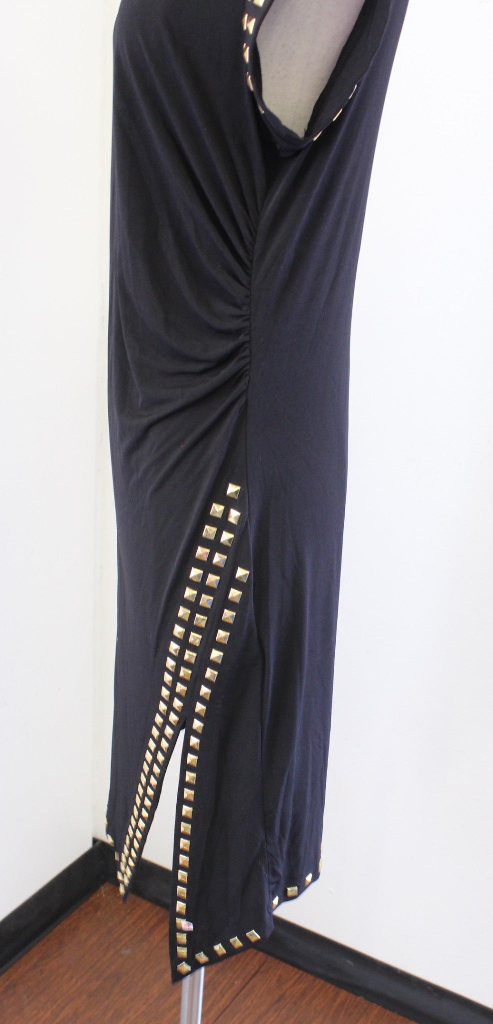 NWT Michael Kors Black Gold Studded Embellished Ruched Slit Jersey Dress PL LP