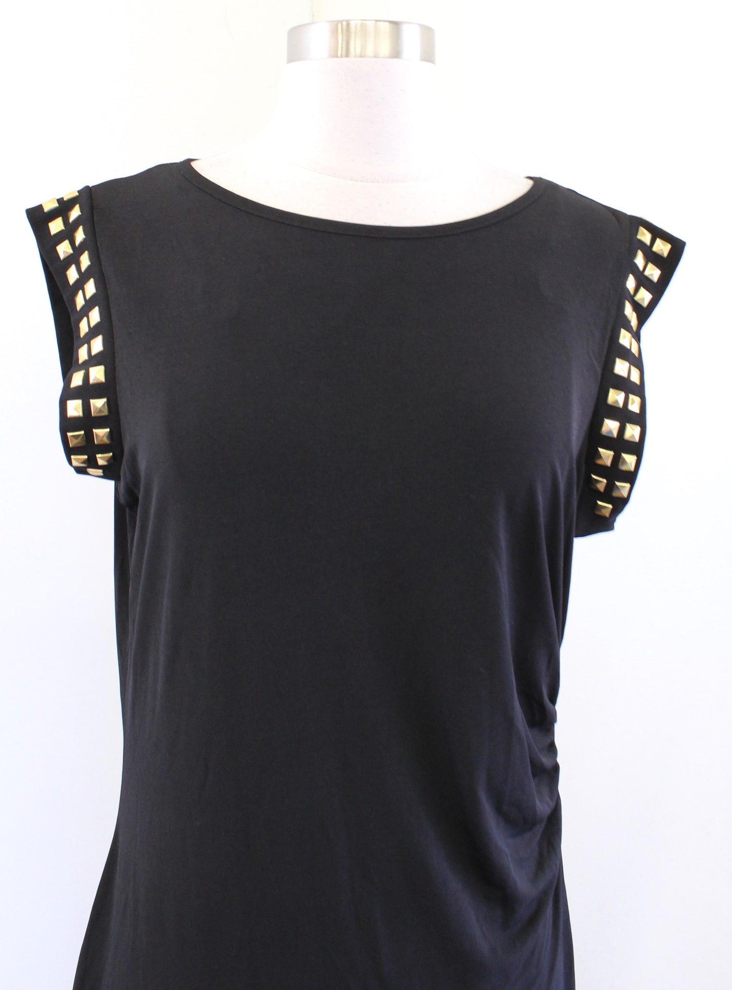 NWT Michael Kors Black Gold Studded Embellished Ruched Slit Jersey Dress PL LP
