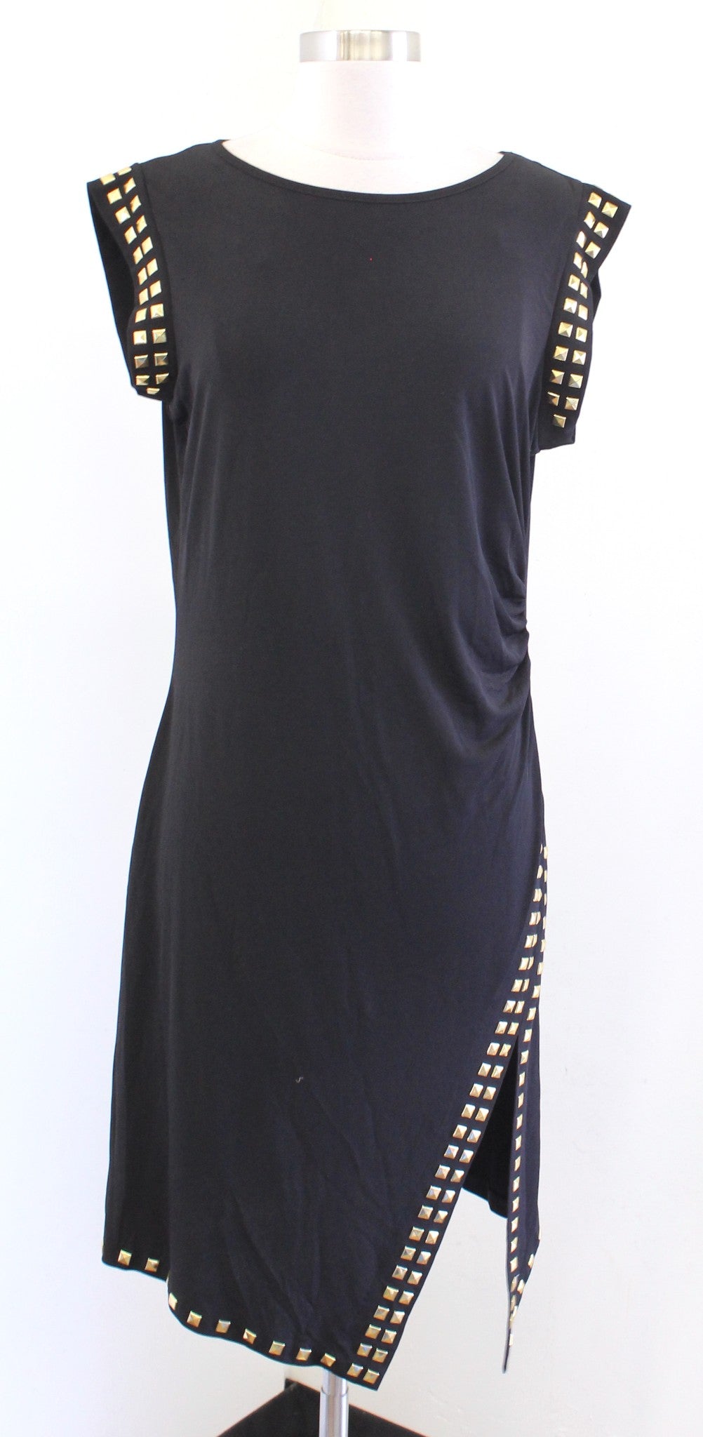 NWT Michael Kors Black Gold Studded Embellished Ruched Slit Jersey Dress PL LP