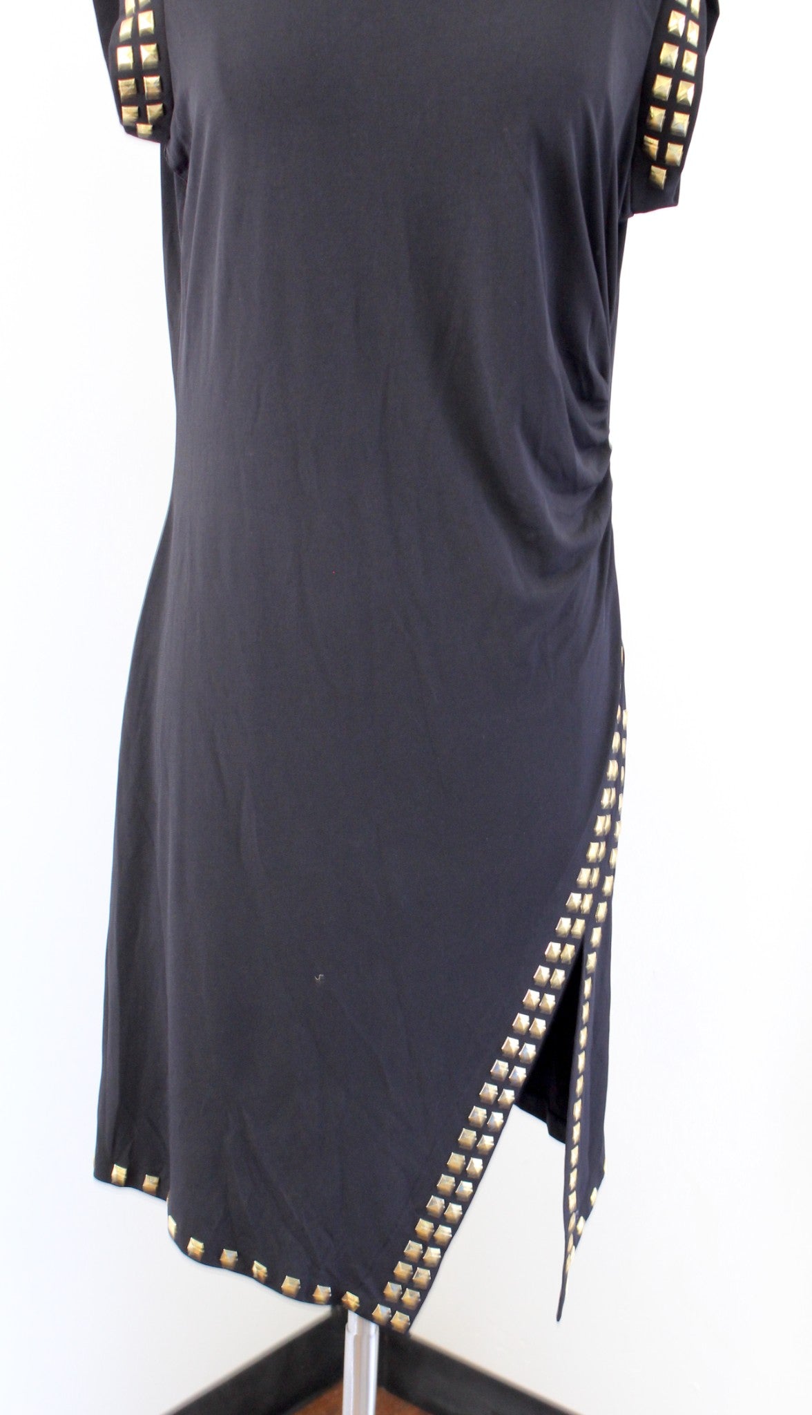 NWT Michael Kors Black Gold Studded Embellished Ruched Slit Jersey Dress PL LP