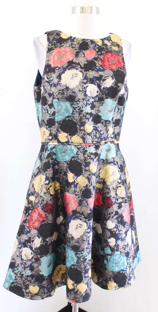 Tahari ASL Levine Metallic Floral Print Fit and Flare Dress Size 8 Cocktail Navy