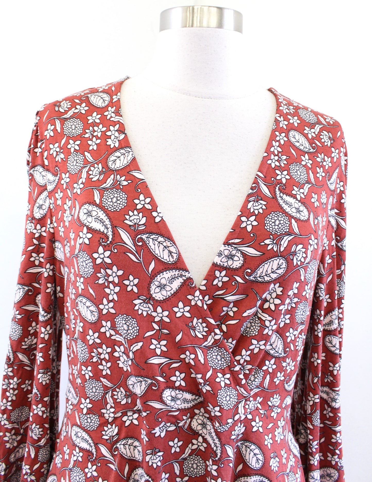 Boden Rust Burnt Orange Paisley Print Knit Easy Fixed Faux Wrap Dress Sz 10R 10
