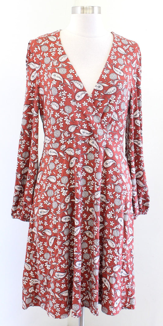 Boden Rust Burnt Orange Paisley Print Knit Easy Fixed Faux Wrap Dress Sz 10R 10