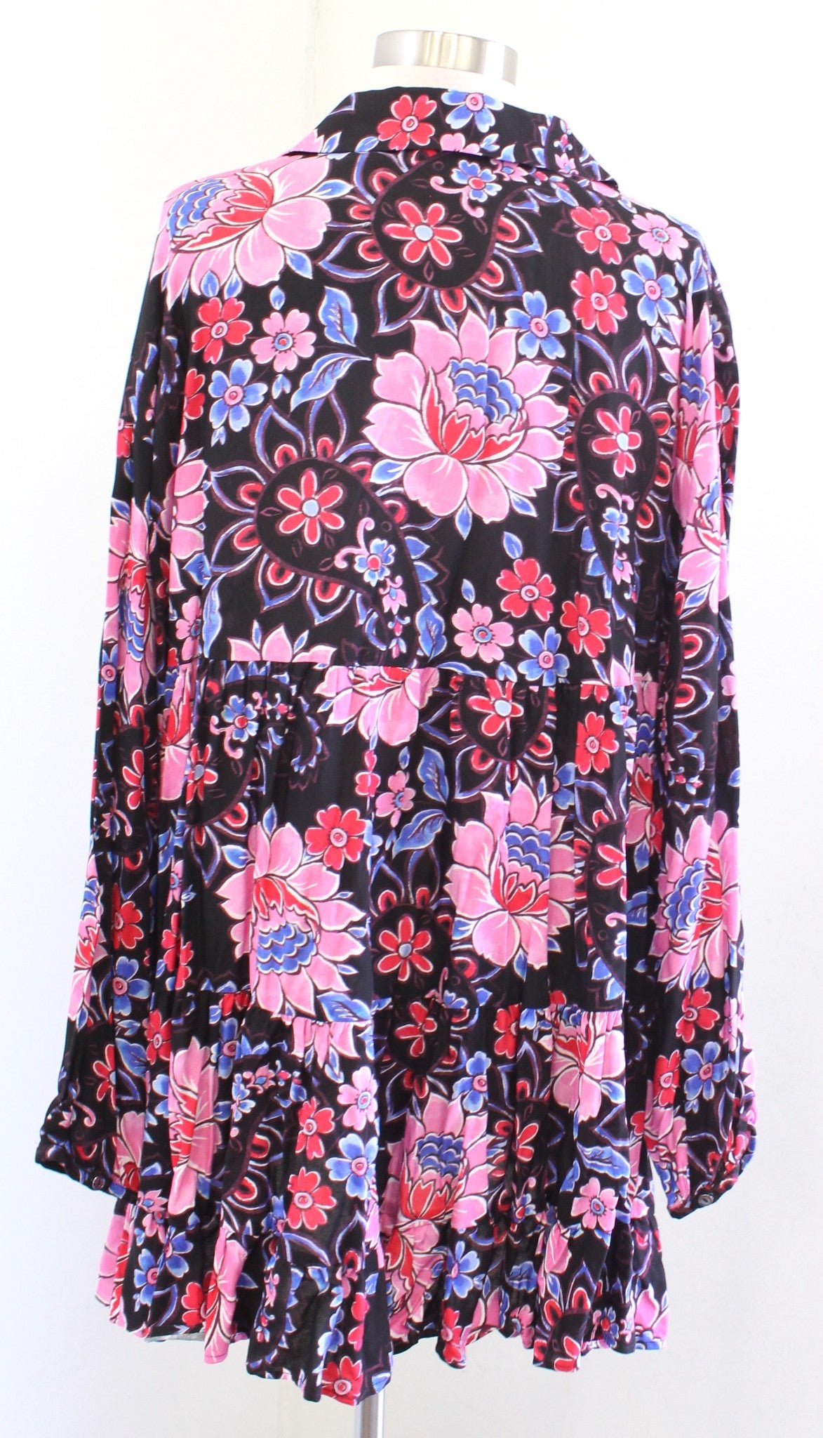 Zara Black Bold Paisley Floral Print Tiered Mini Shift Dress Size L Pink Blue