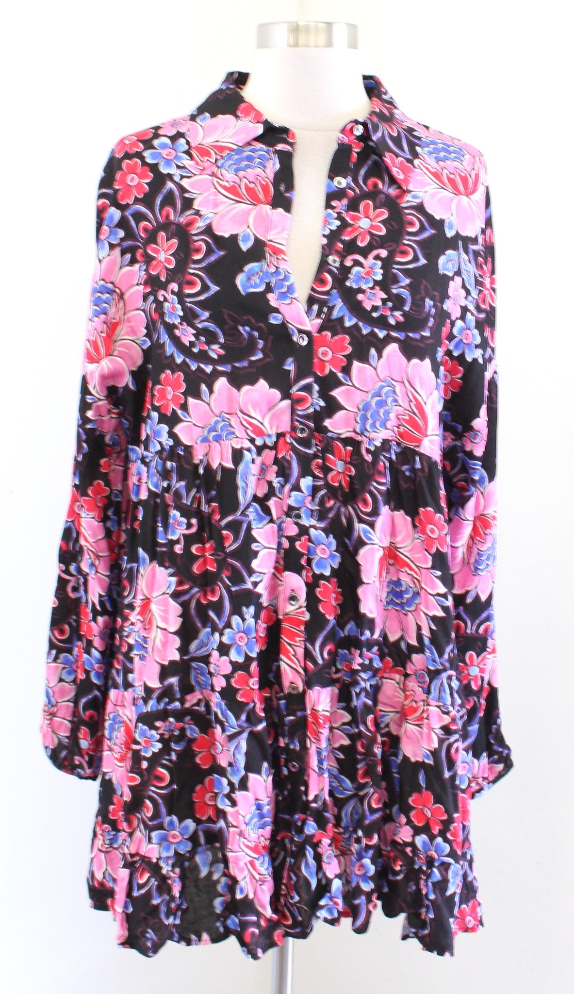 Zara Black Bold Paisley Floral Print Tiered Mini Shift Dress Size L Pink Blue