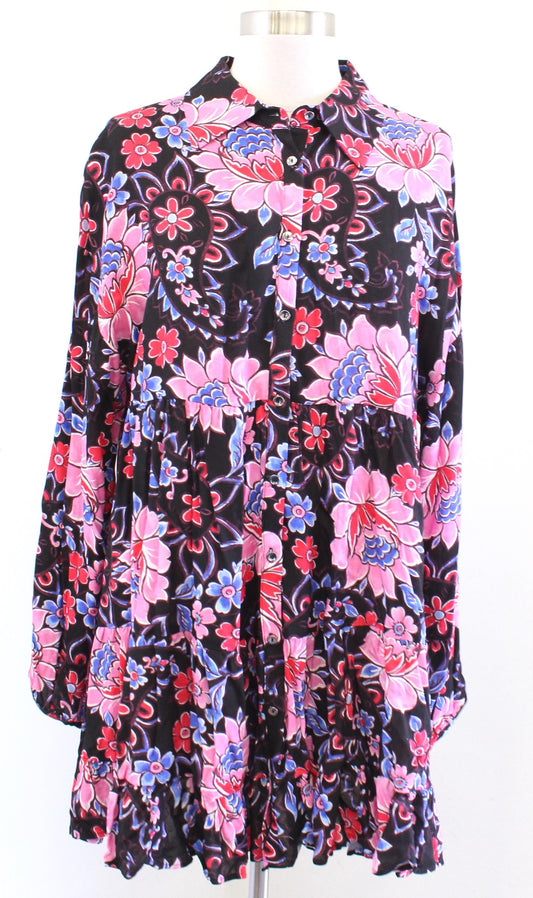 Zara Black Bold Paisley Floral Print Tiered Mini Shift Dress Size L Pink Blue