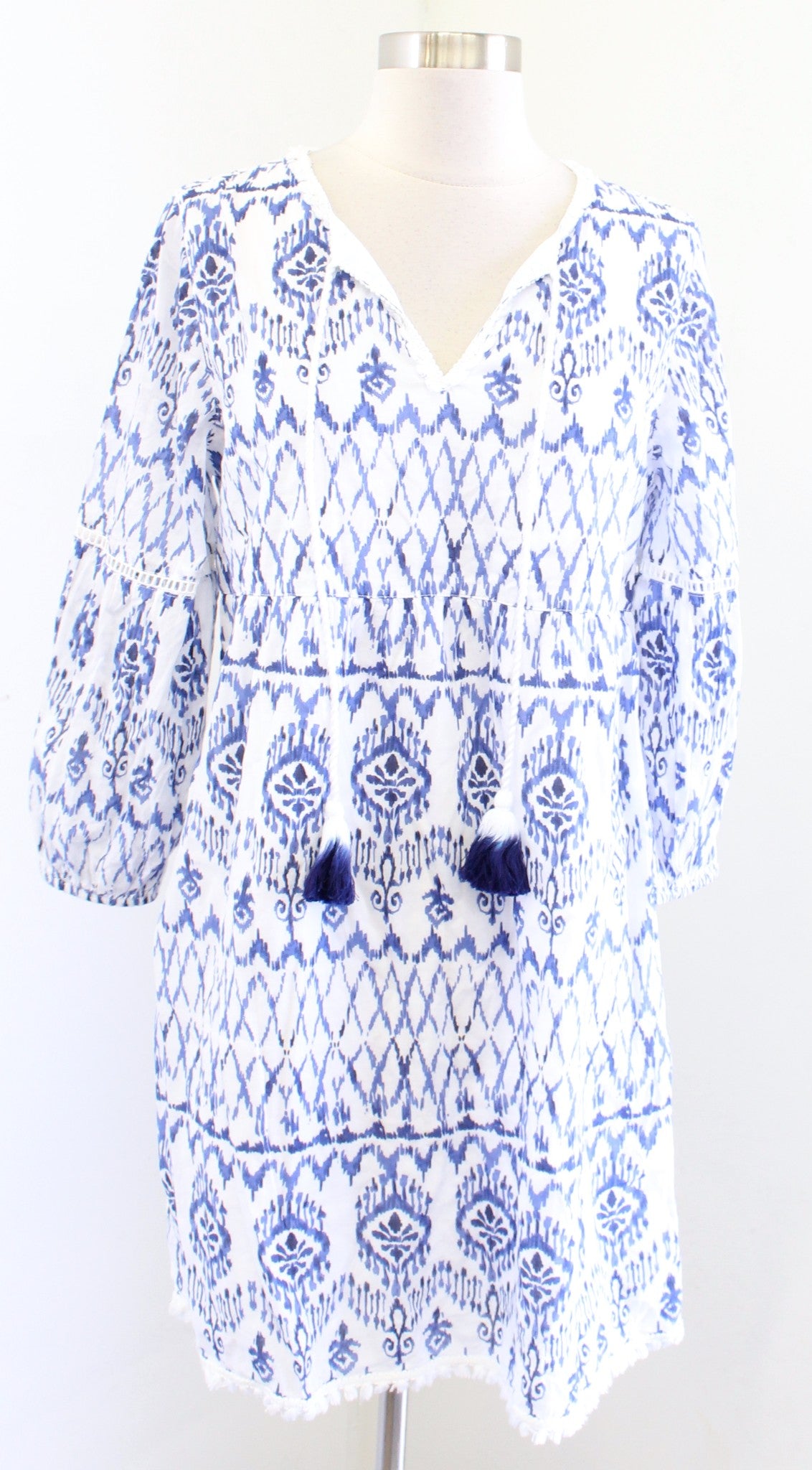 Tommy Bahama Ikat Tropics Printed Tassel Tunic Dress Coverup Beach XXS 2XS Blue