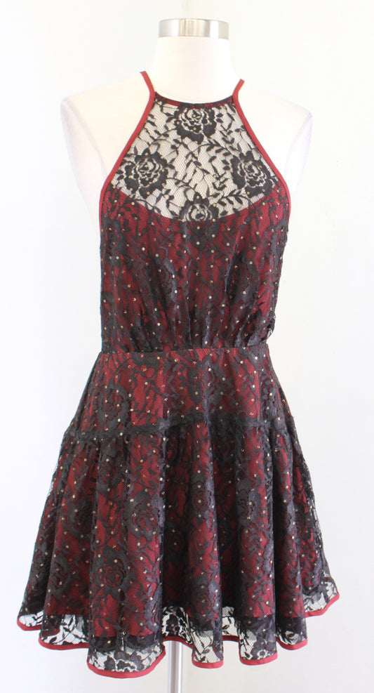 Free People Wish Upon A Star Black Red Lace Mini Dress Size 2 Party Skater Flare