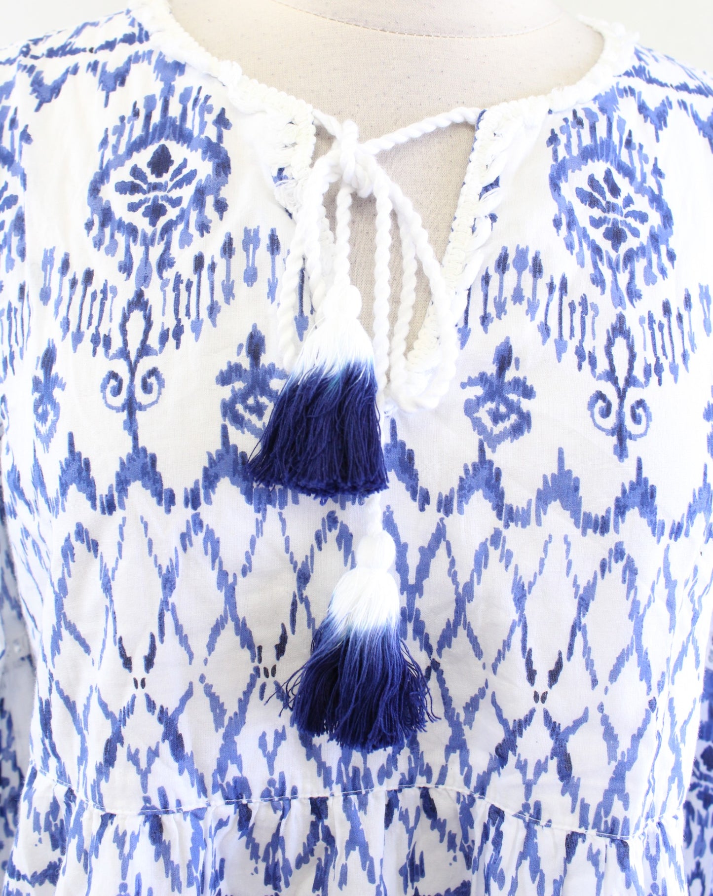 Tommy Bahama Ikat Tropics Printed Tassel Tunic Dress Coverup Beach XXS 2XS Blue