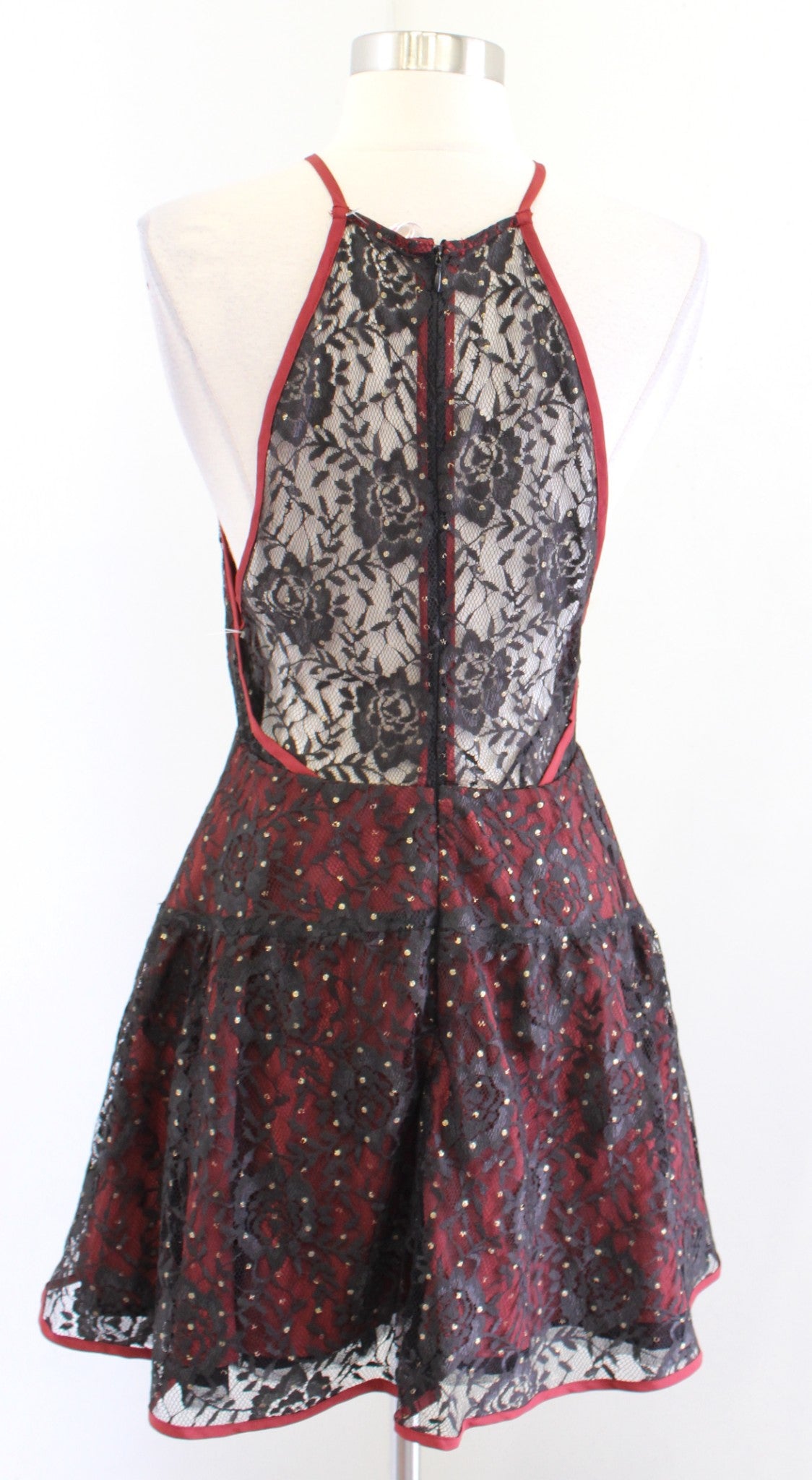 Free People Wish Upon A Star Black Red Lace Mini Dress Size 2 Party Skater Flare