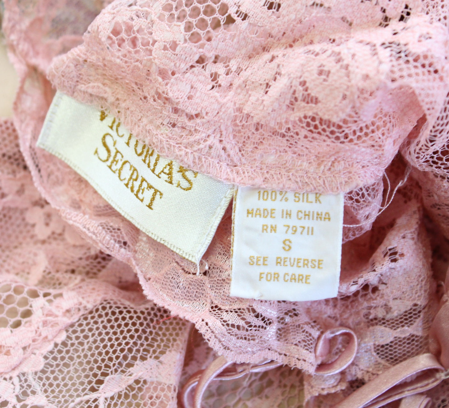 Vtg 90s Victorias Secret Gold Label Dusty Pink Sheer Silk Lace Bow Bodysuit Sz S