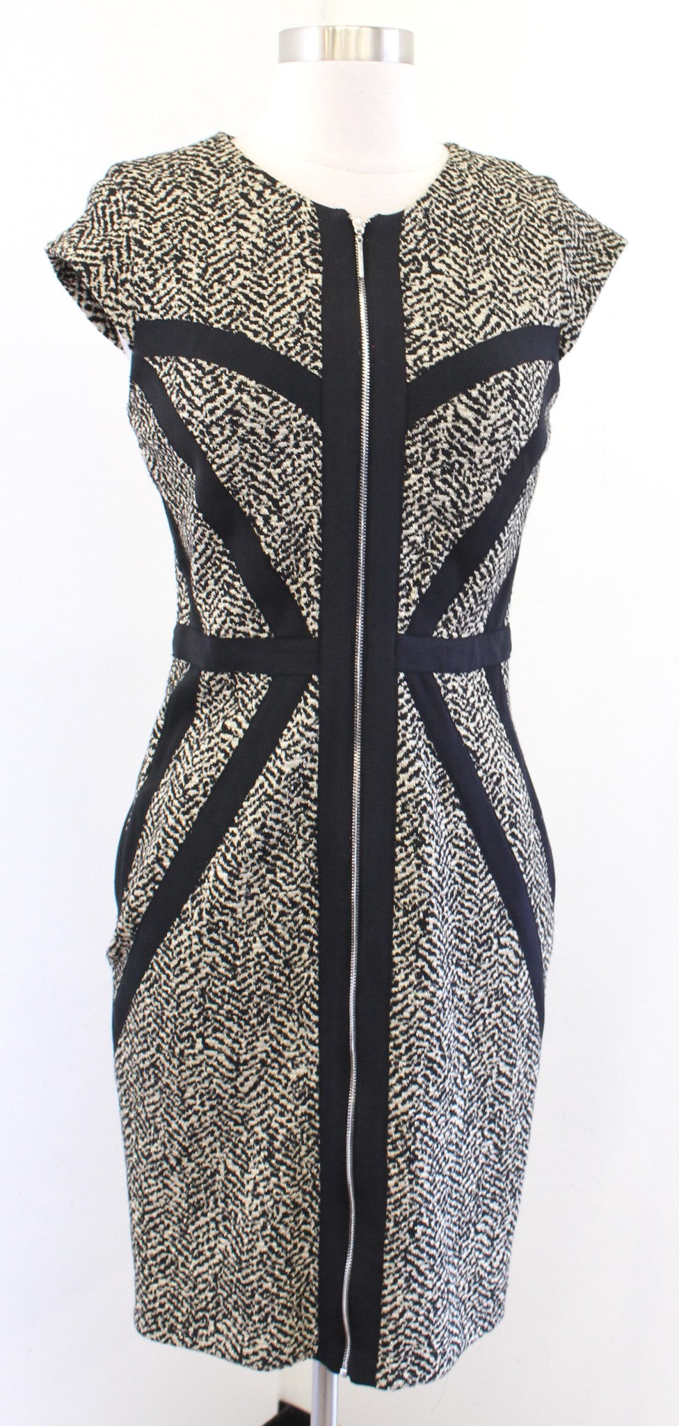 Erin Fetherston Corrine Black Gold Metallic Knit Zip Front Sheath Dress Size 4