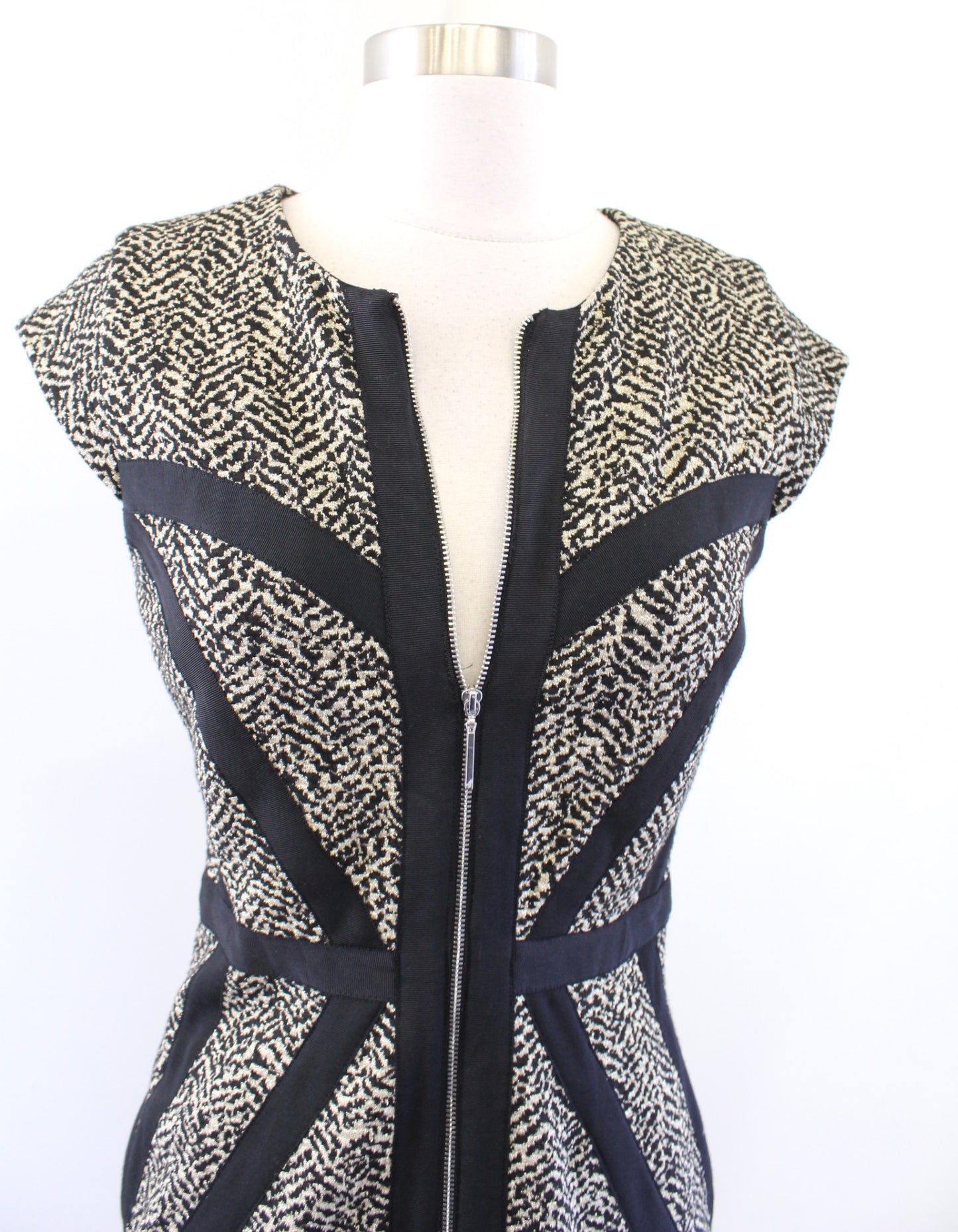 Erin Fetherston Corrine Black Gold Metallic Knit Zip Front Sheath Dress Size 4