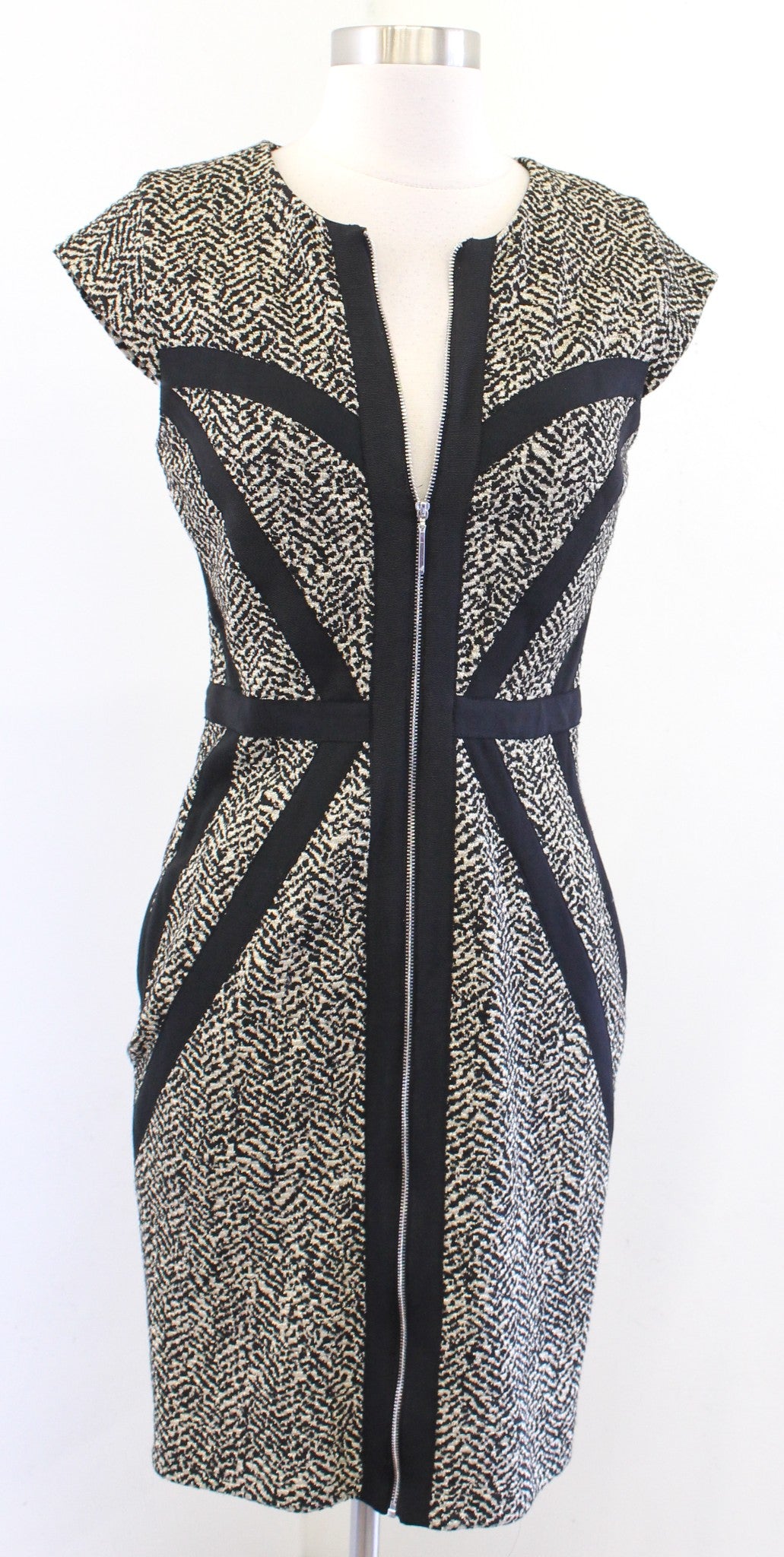 Erin Fetherston Corrine Black Gold Metallic Knit Zip Front Sheath Dress Size 4