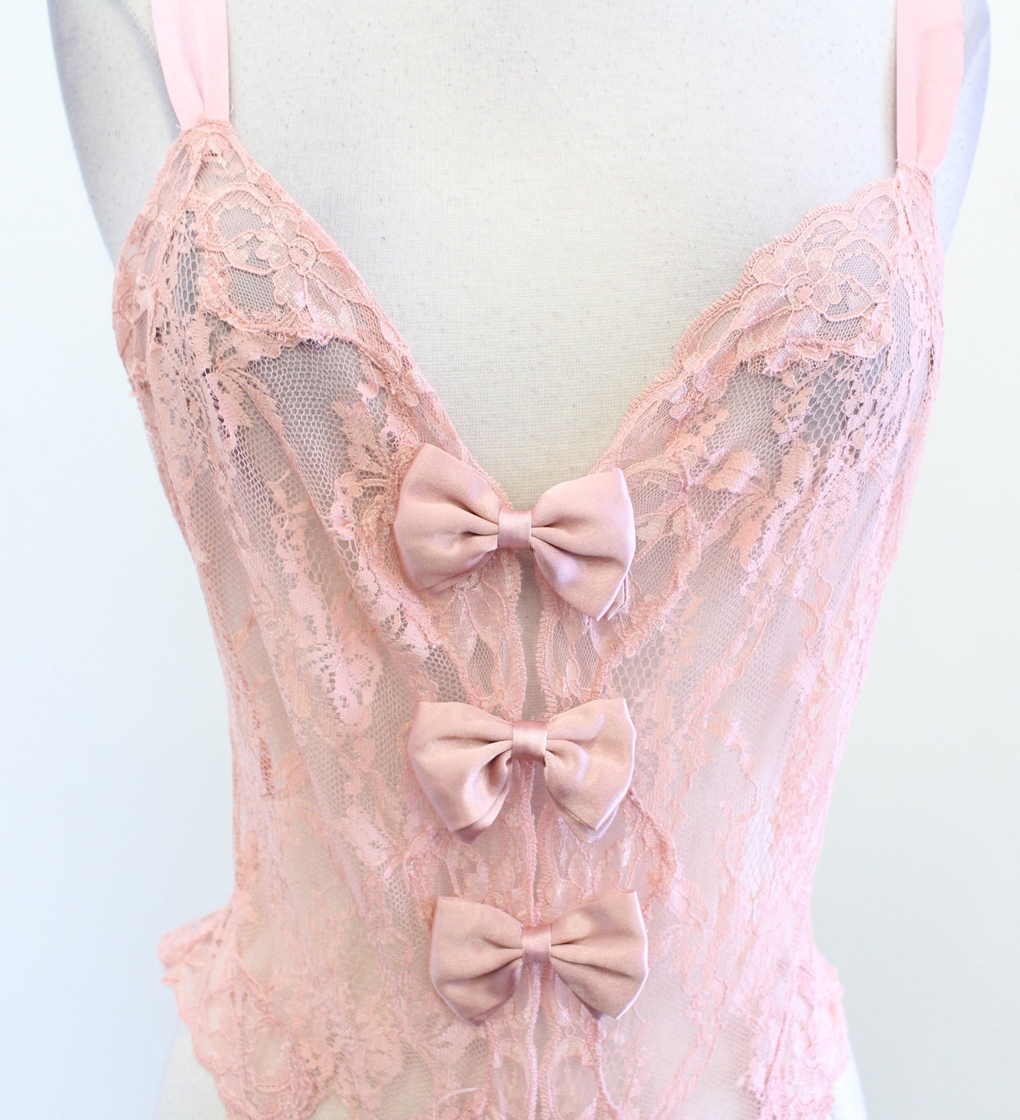 Vtg 90s Victorias Secret Gold Label Dusty Pink Sheer Silk Lace Bow Bodysuit Sz S