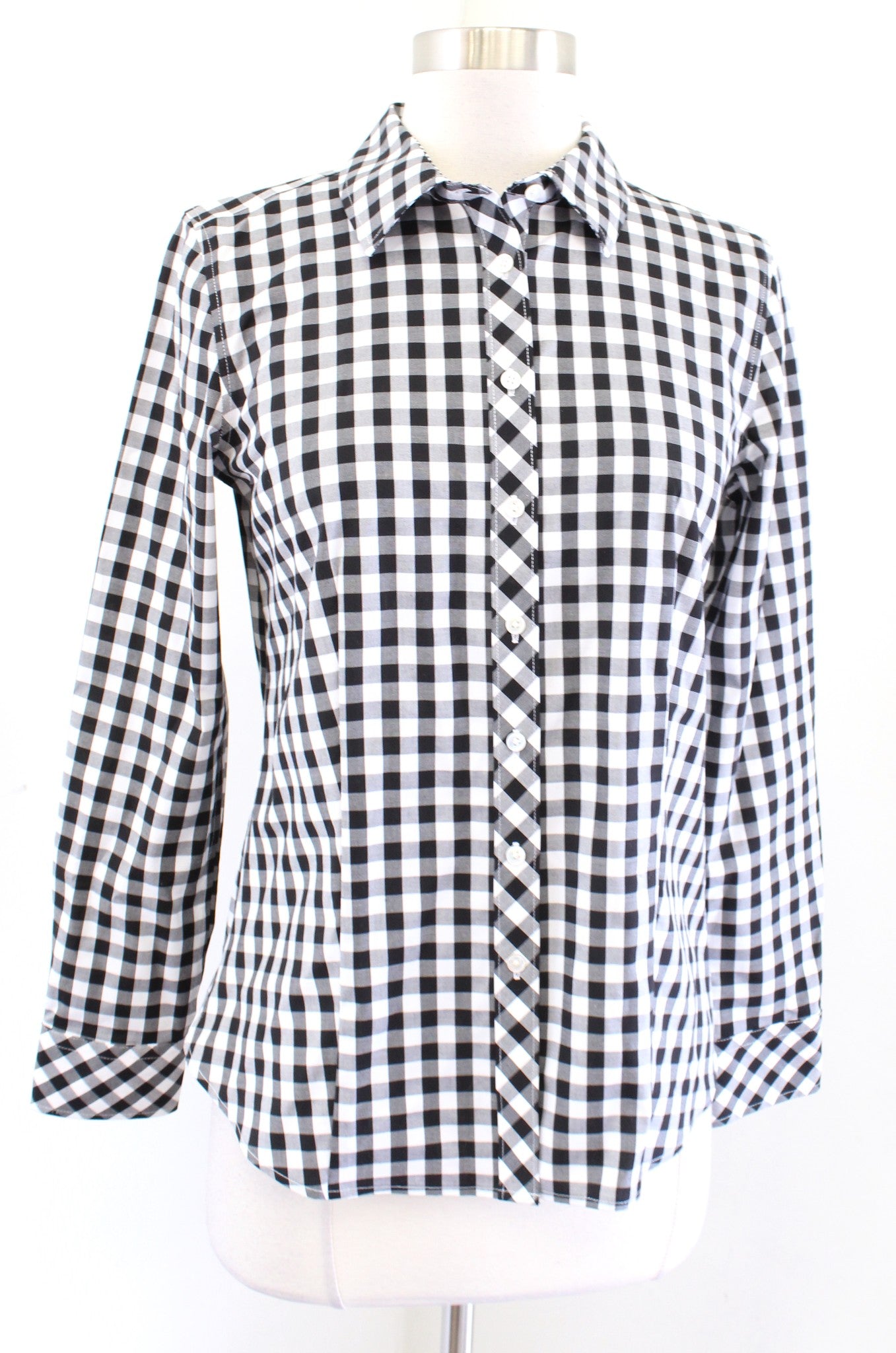 NWT Talbots Non Iron Black White Gingham Plaid Button Down Blouse Shirt Size 2