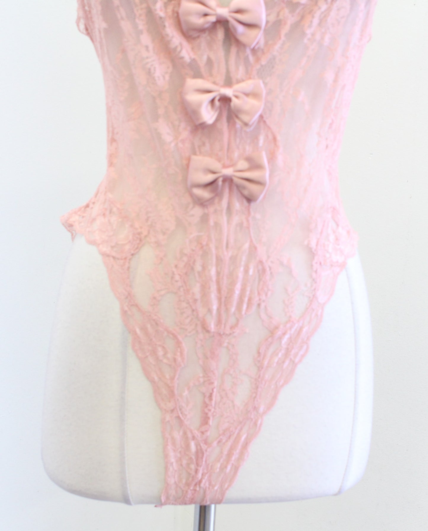 Vtg 90s Victorias Secret Gold Label Dusty Pink Sheer Silk Lace Bow Bodysuit Sz S