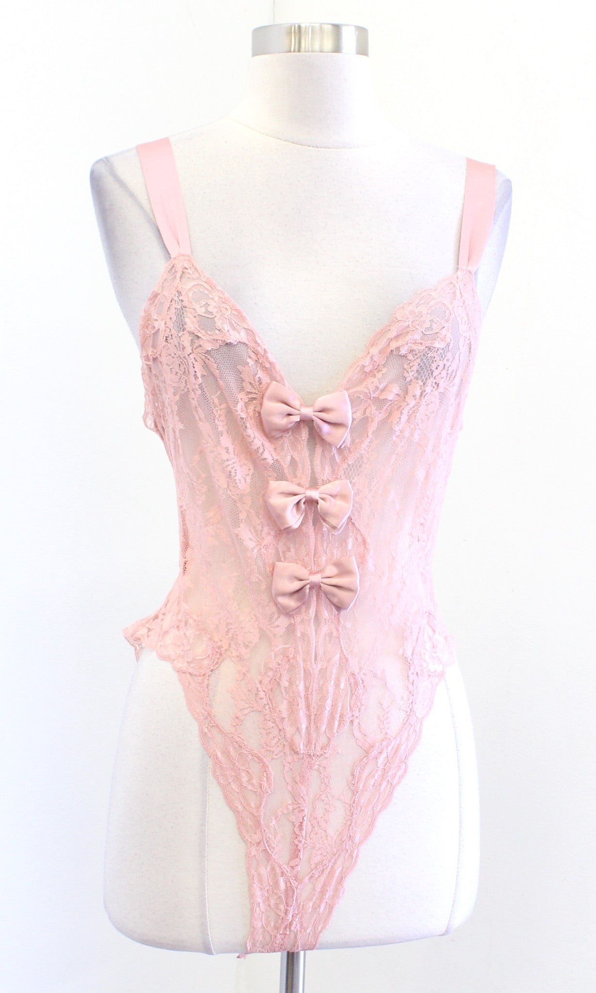 Vtg 90s Victorias Secret Gold Label Dusty Pink Sheer Silk Lace Bow Bodysuit Sz S