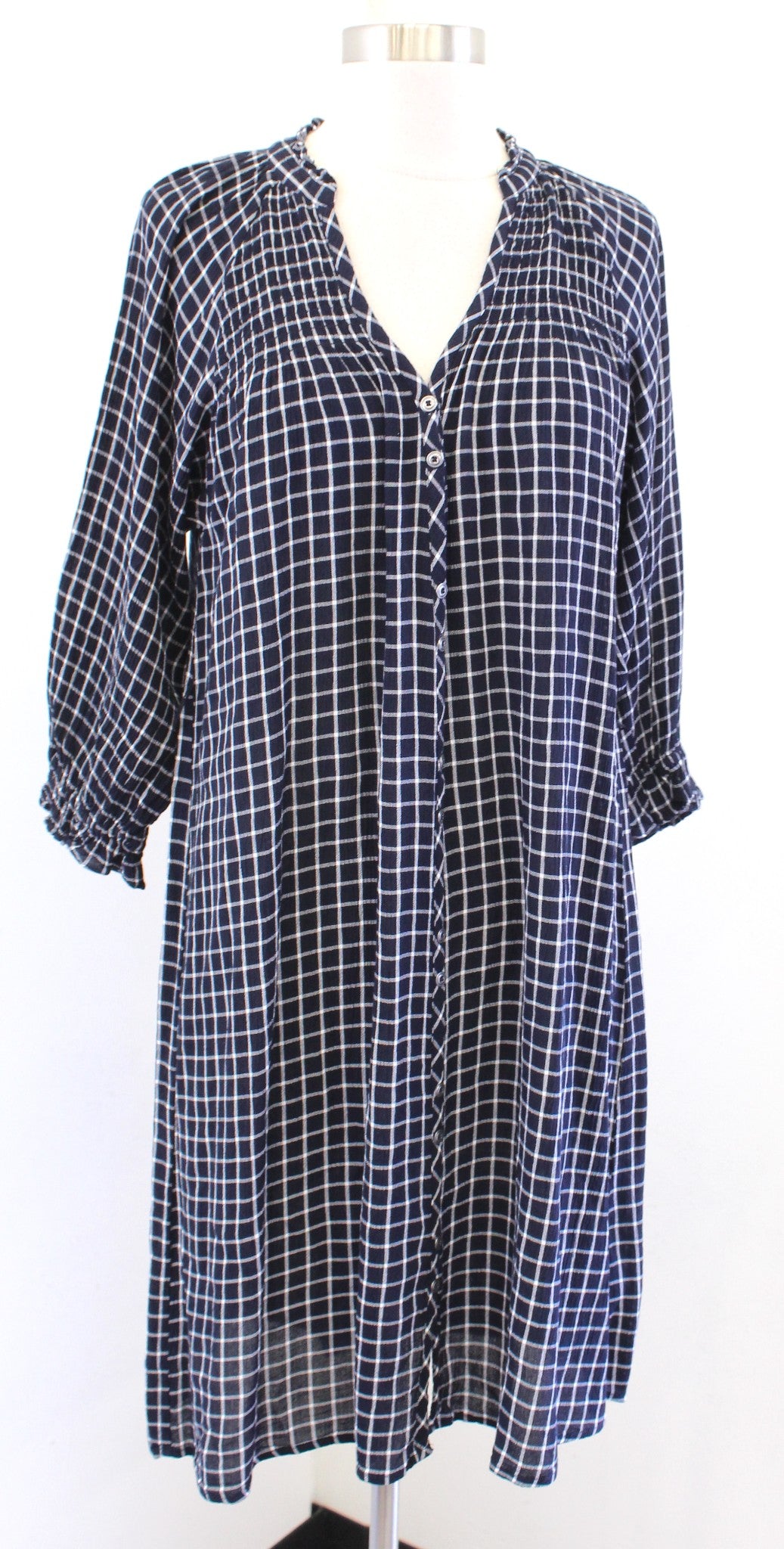 Maeve Anthropologie Sara Navy Blue Windowpane Plaid Tie Waist Dress Size XS