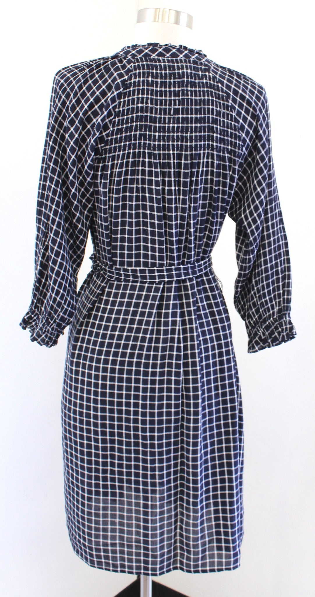 Maeve Anthropologie Sara Navy Blue Windowpane Plaid Tie Waist Dress Size XS