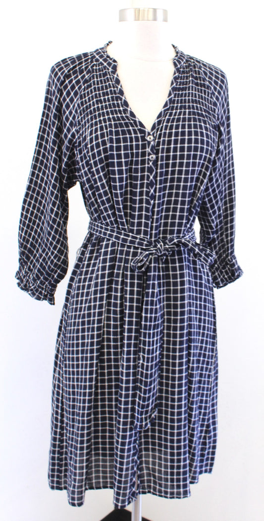 Maeve Anthropologie Sara Navy Blue Windowpane Plaid Tie Waist Dress Size XS