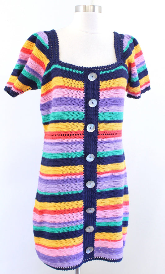 NWT Farm Rio Colorful Rainbow Striped Crochet Mini Dress Size S Puff Sleeve Boho