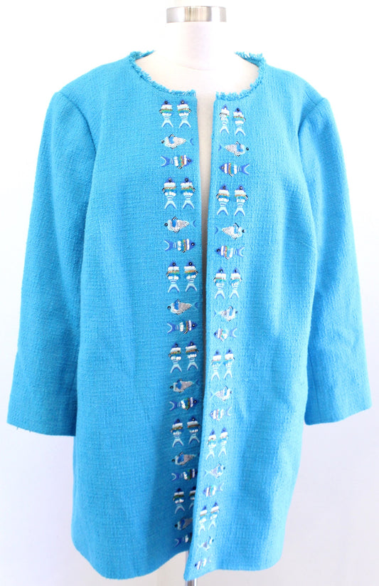Talbots Woman Blue Fish Embroidered Embellished Open Fringe Topper Jacket Sz 18W