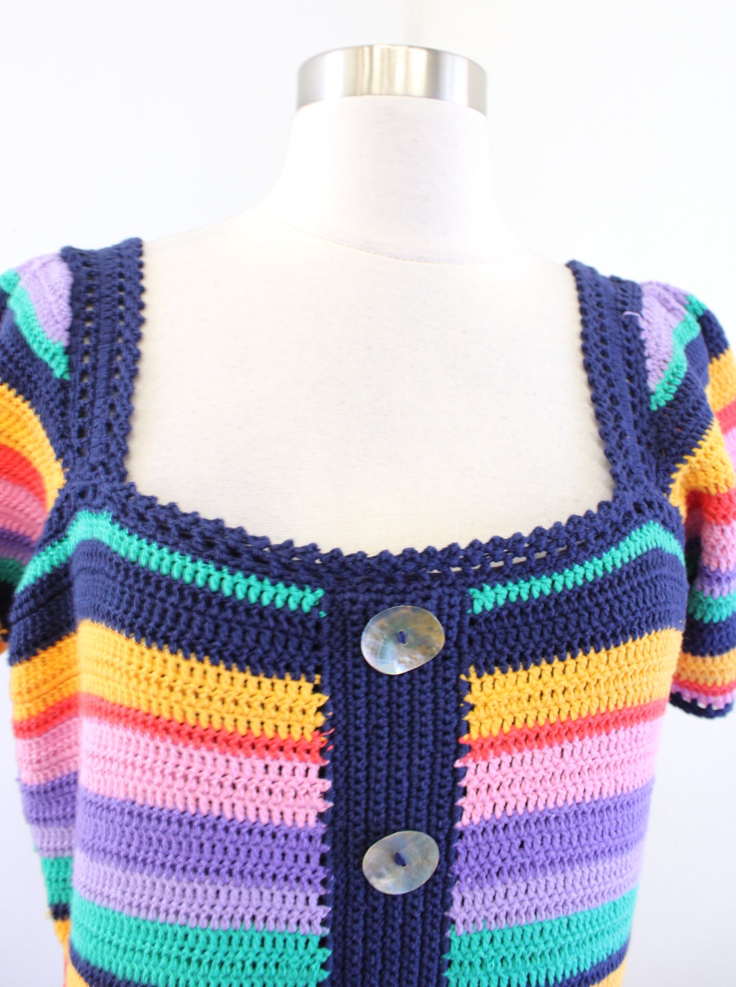 NWT Farm Rio Colorful Rainbow Striped Crochet Mini Dress Size S Puff Sleeve Boho