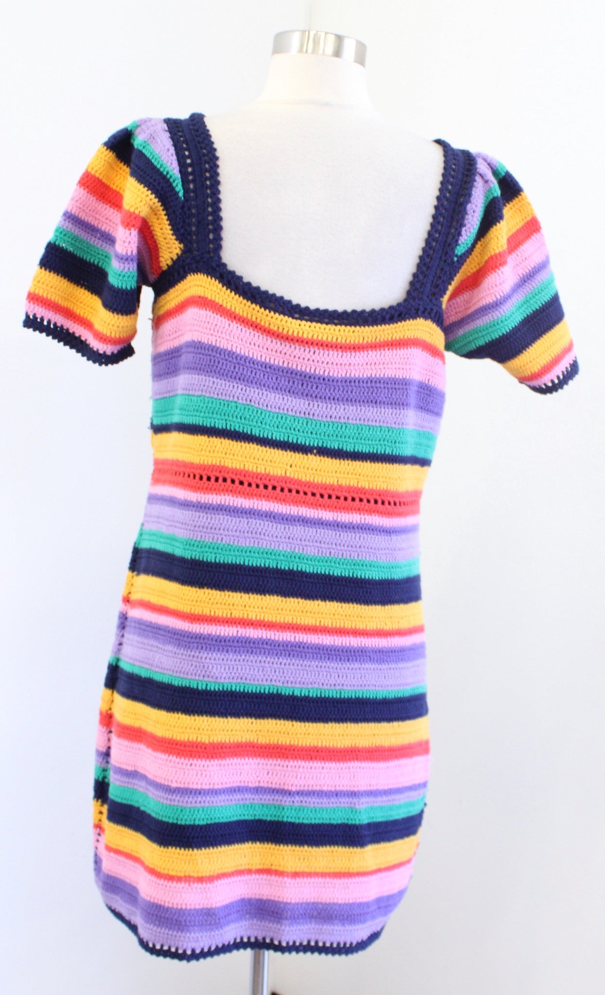 NWT Farm Rio Colorful Rainbow Striped Crochet Mini Dress Size S Puff Sleeve Boho